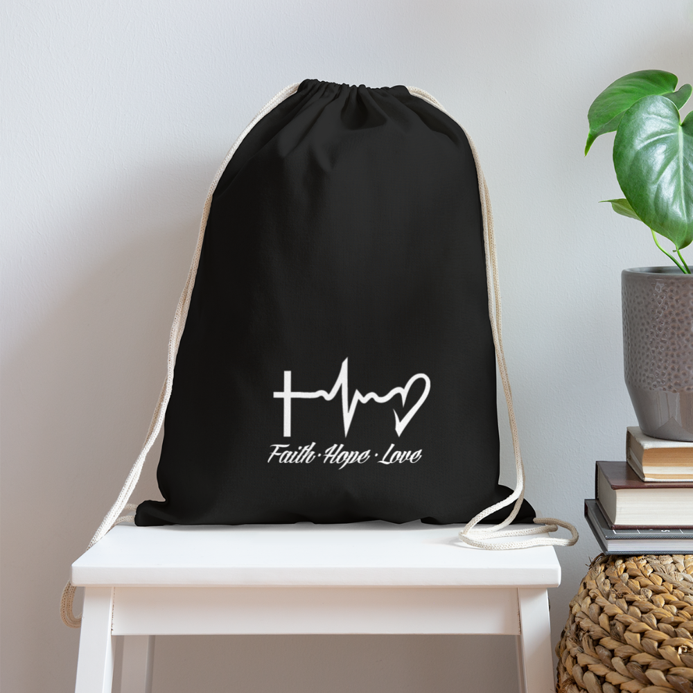 Faith Hope Love Cotton Drawstring Bag - black