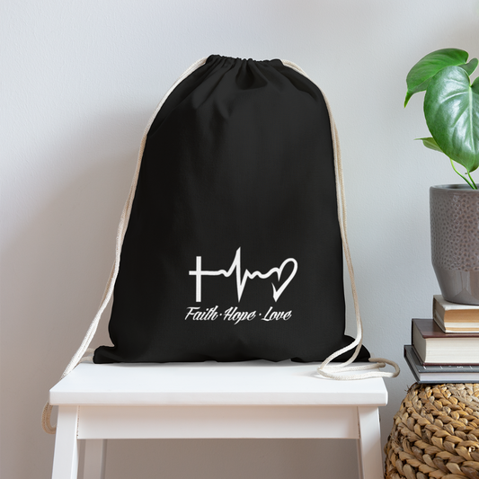 Faith Hope Love Cotton Drawstring Bag - black