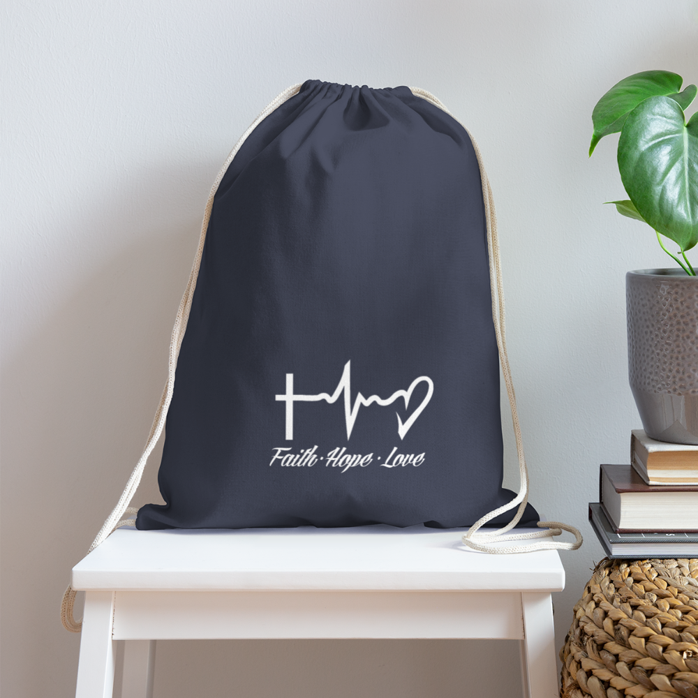 Faith Hope Love Cotton Drawstring Bag - navy