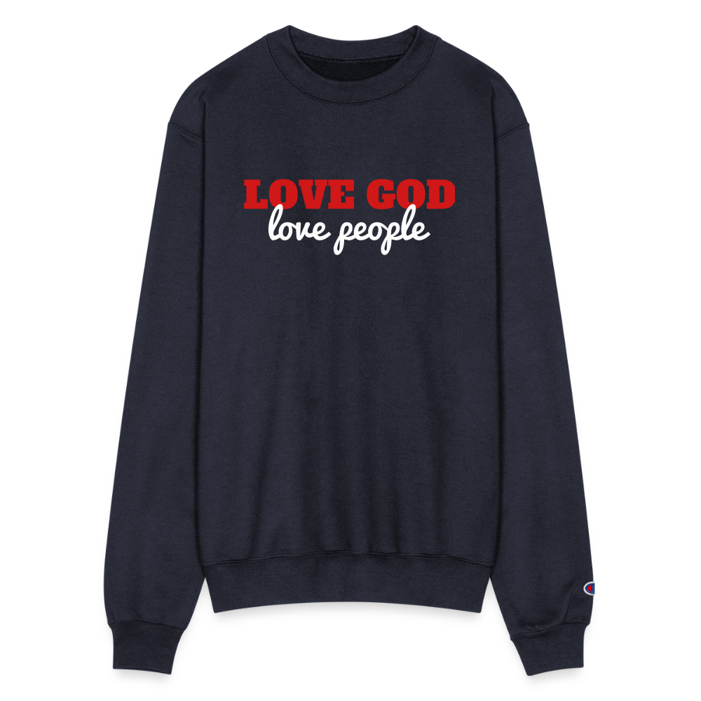 Love God Love People Champion Unisex Powerblend Sweatshirt Elisheba M6:33
