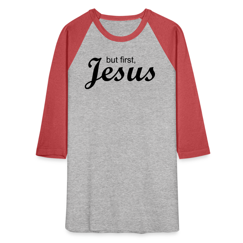 But First Baseball T-Shirt - heather gray/red